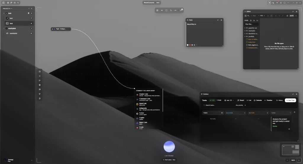 MeshConsole Studio — an infinite board with agents, an editor, notes and the task board